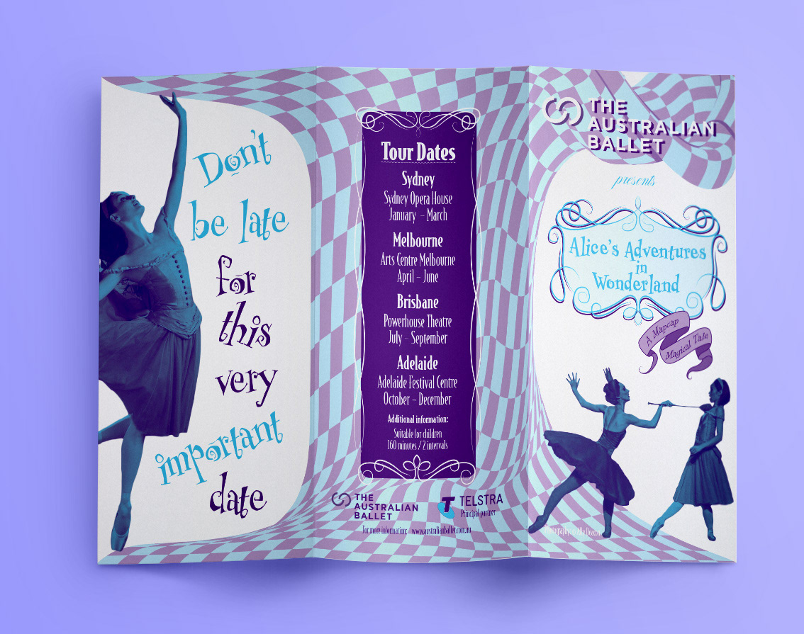 Trifold brochure  open to show the front, back and inside panel, using Pantone duotone colours, featuring the Alice in Wonderland Ballet