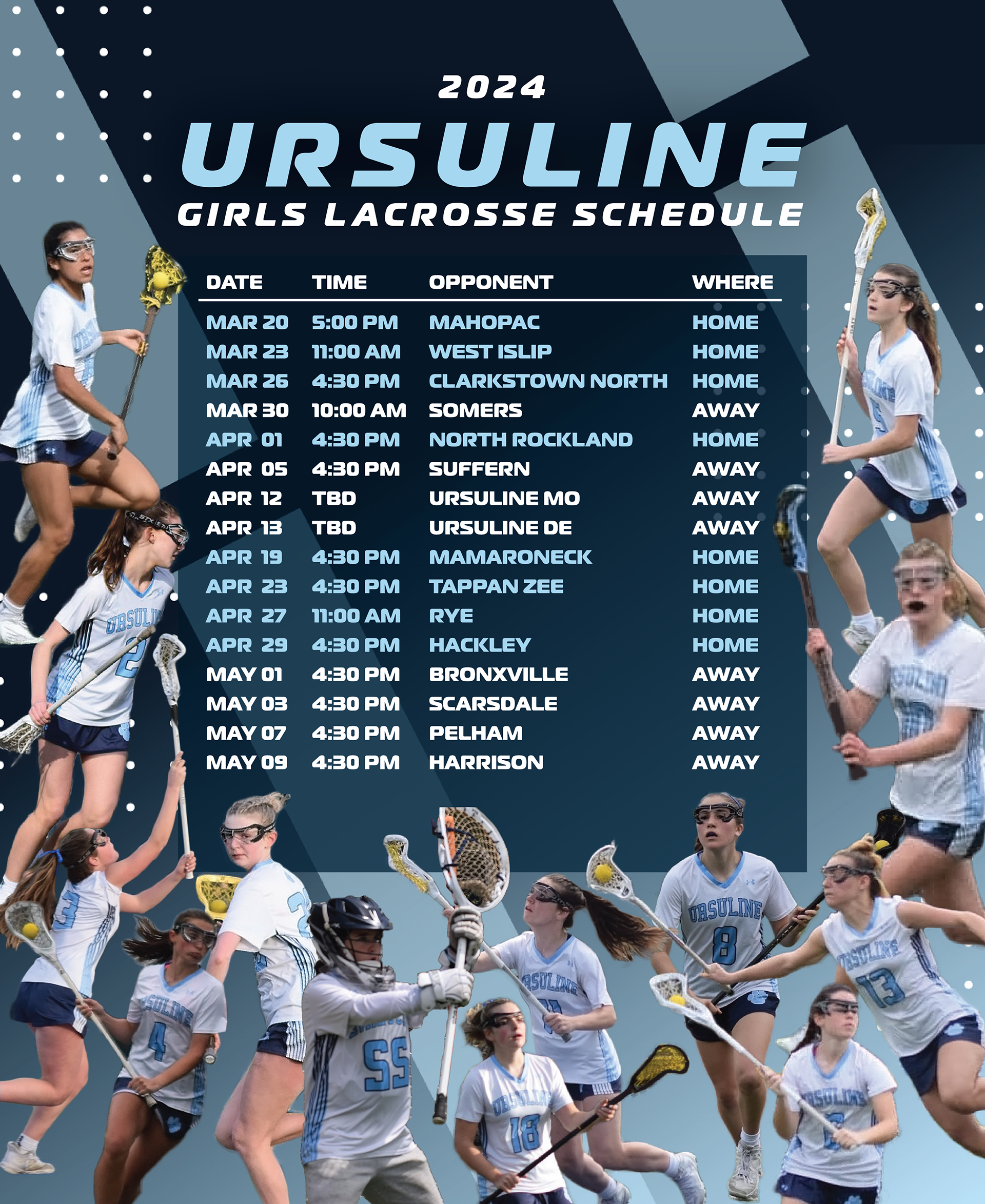 Game Schedule Poster for the Ursuline Varsity Girls Lacrosse Team (2024)