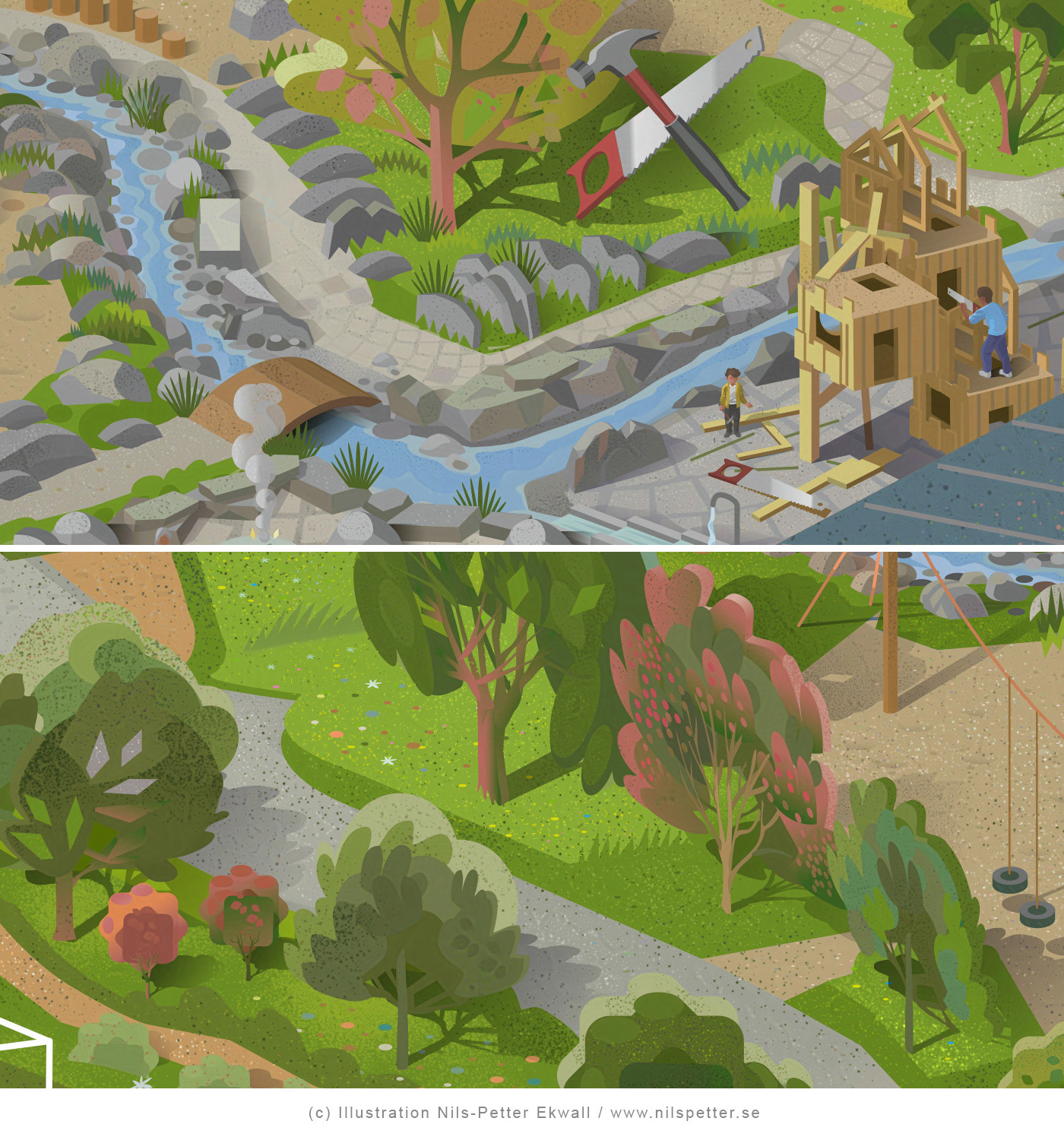 Zoomed-in illustration of building play area (bygglek) and surrounding planting zones in Varberga Park, part of a landscape visualization by Nils-Petter Ekwall.