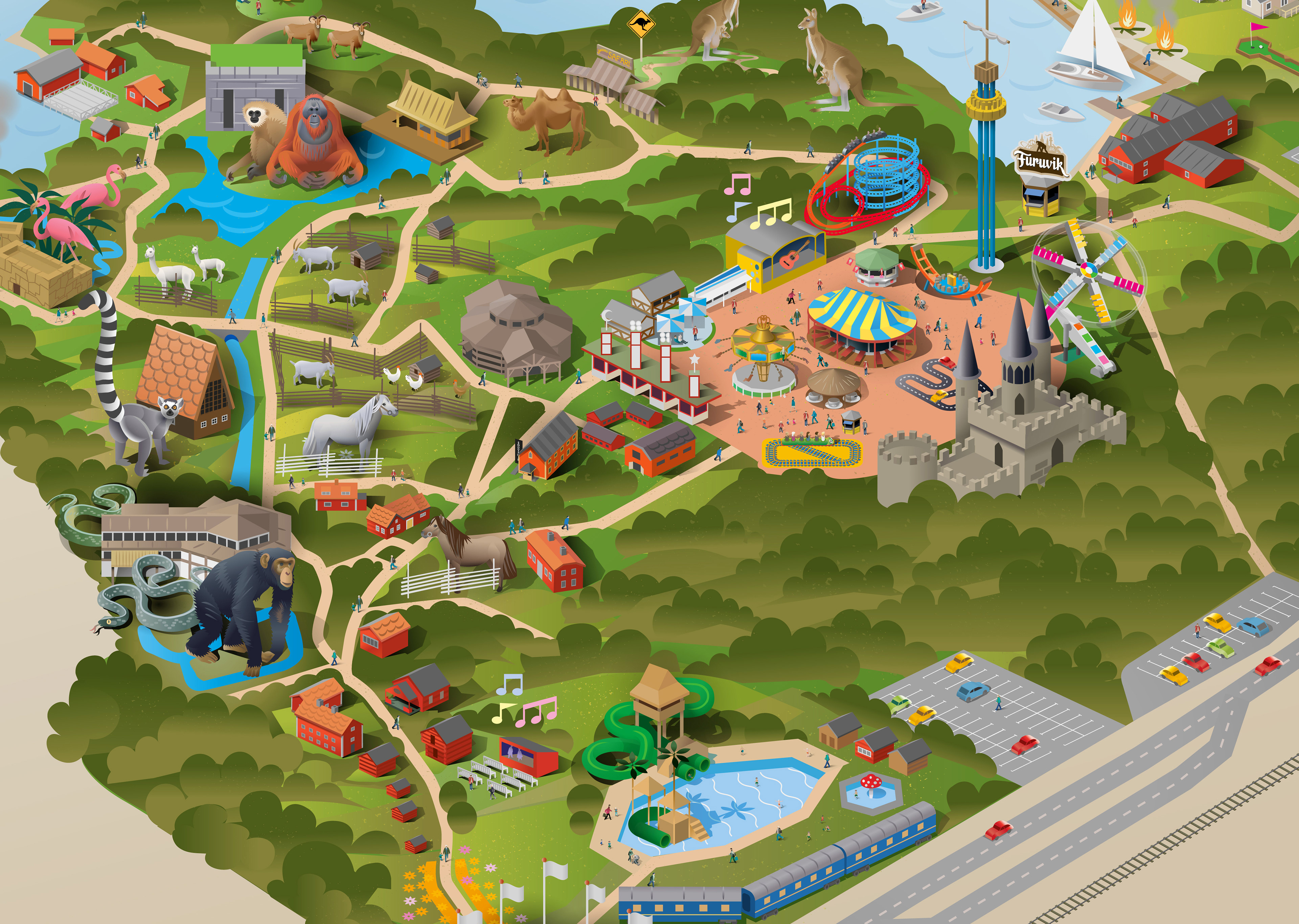 Illustrerad karta till Furuvik park  i Gävle av illustratör Nils-Petter Ekwall 