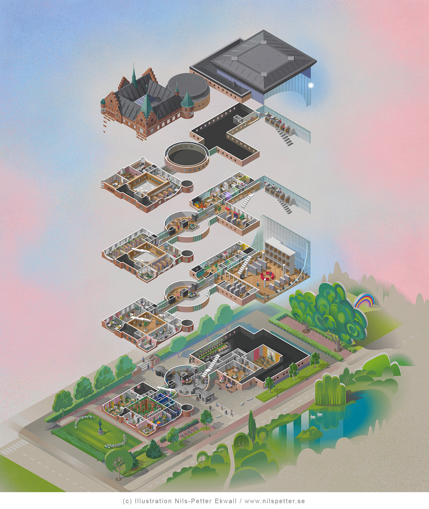 Malmö Stadsbibliotek i genomskärning av illustratör Nils-Petter Ekwall