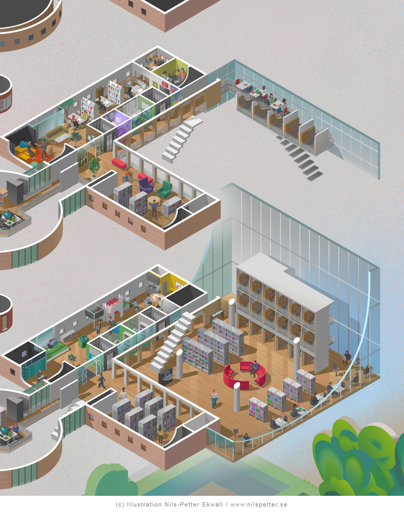 Close-up of Malmö City Library’s ‘Calendar of Light’ glass cube and the three-floor spanning walk-in bookshelf ‘Reolen’, detailed in an isometric cutaway by Nils-Petter Ekwall.