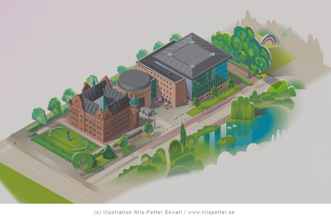 Malmö Stadsbibliotek library building  illustration by Swedish illustrator and illustratör Nils-Petter Ekwall 