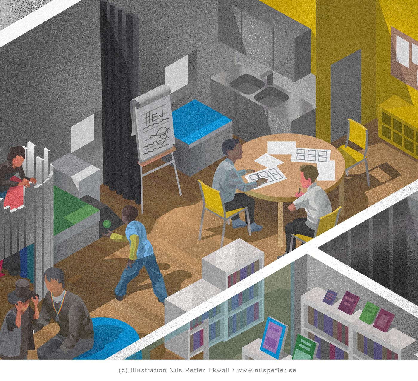 Detaljerad illustration till Malmö Stadsbibliotek av illustratören Nils-Petter Ekwall