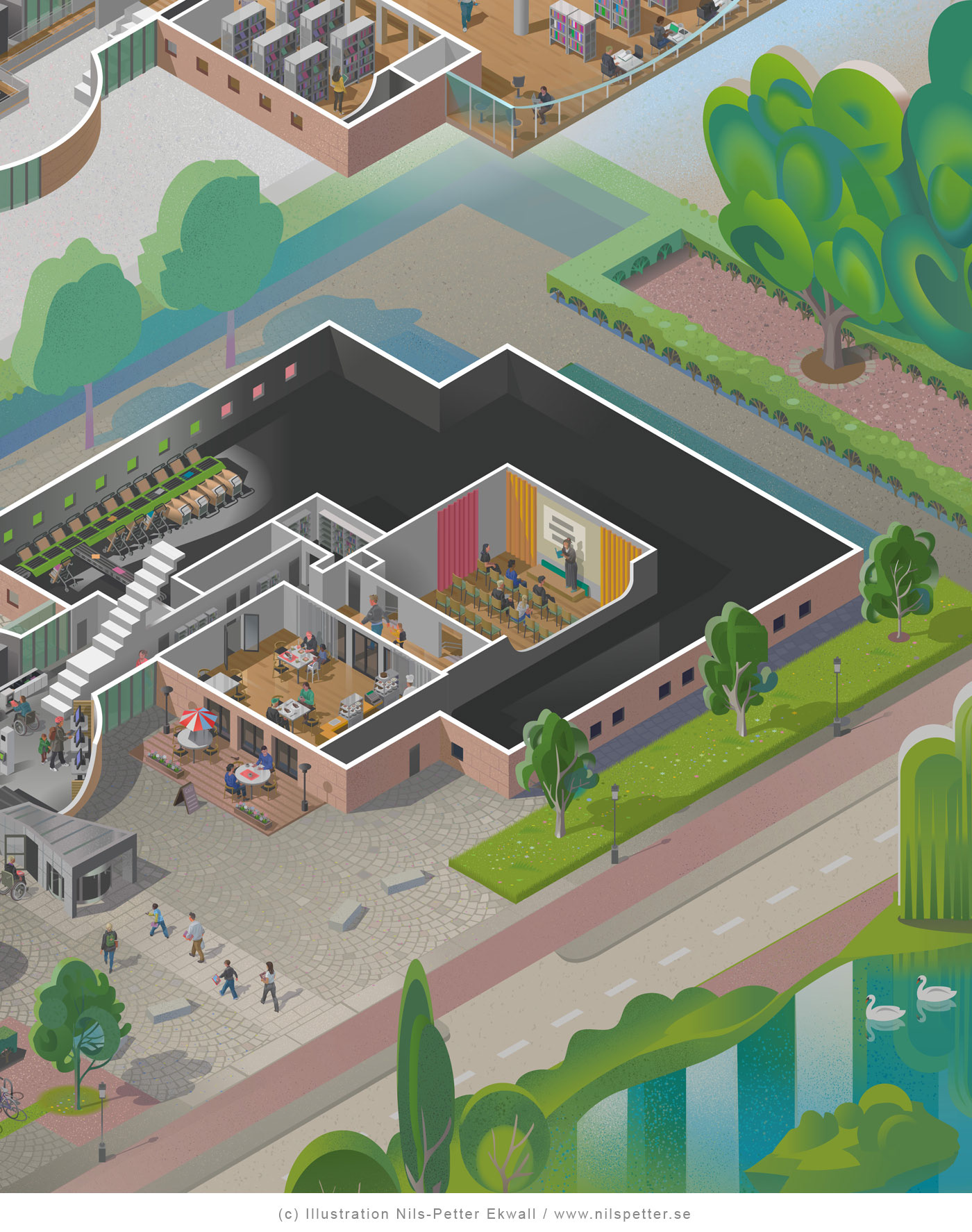 Detailed architectural cutaway illustration by Stockholm based illustrator and designer Nils-Petter Ekwall