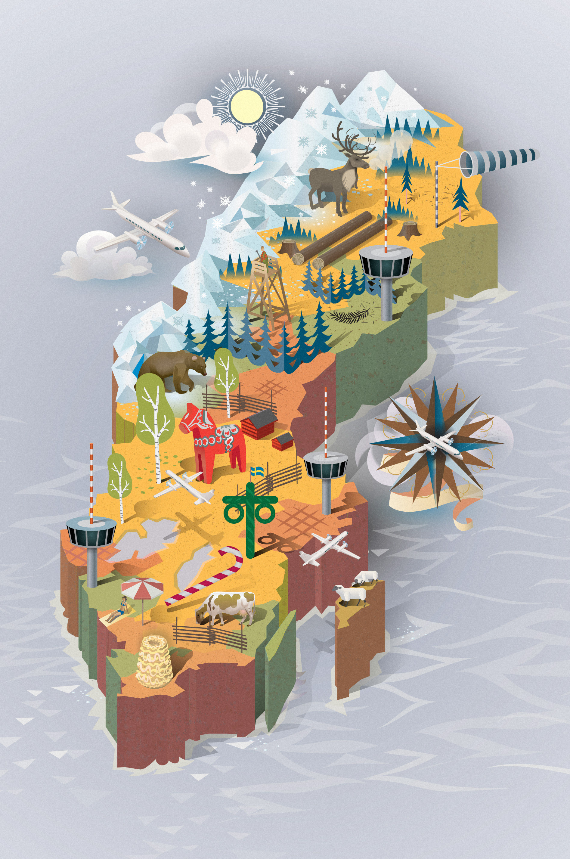 Illustrerad Sverige - karta av illustratören Nils-Petter Ekwall till flygbolag