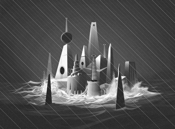 Cinematic black and white illustration of a city rising from the water, mixing alien architecture with Metropolis-style design, evoking R’lyeh and Lovecraftian horror for the back cover of SHEMALE – Supreme Beings by Swedish Illustrator Nils-Petter Ekwall