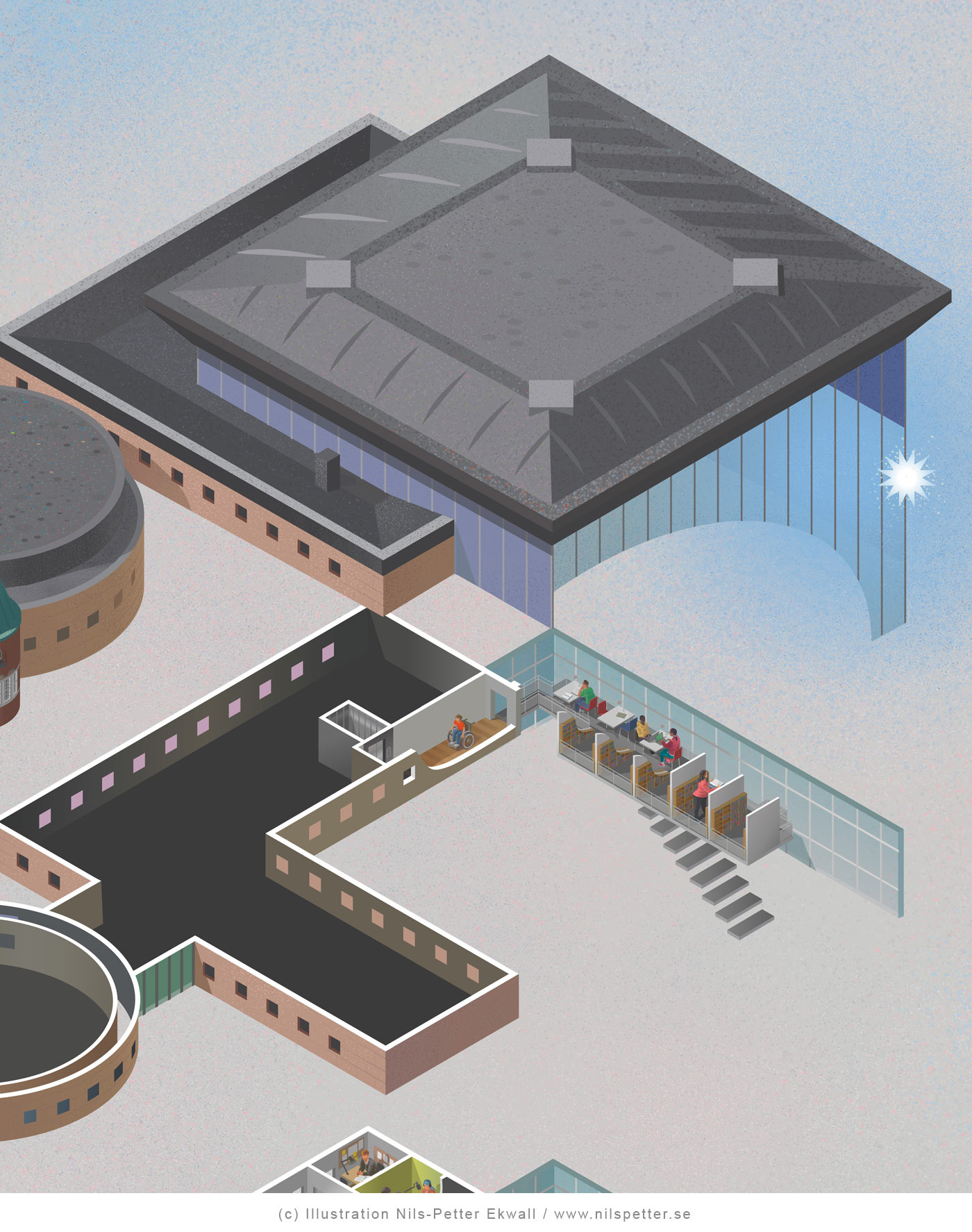illustration of Swedish Library building by illustratör and illustrator Nils-Petter Ekwall 