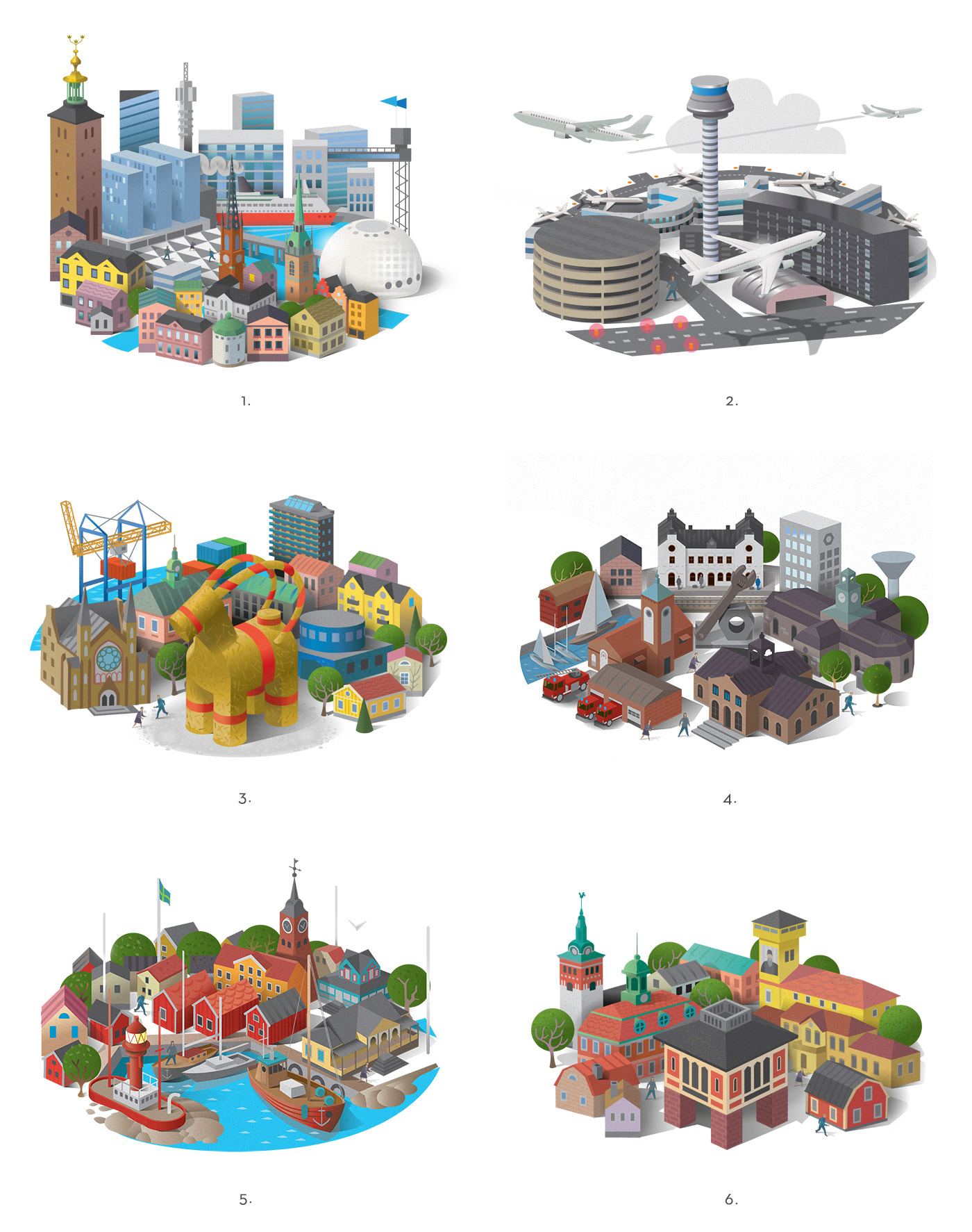 Söta Illustrationer föreställande Stockholm, Gävle, Arlanda, Enköping, Sala och Öregrund, Sverige av illustratören Nils-Petter Ekwall 