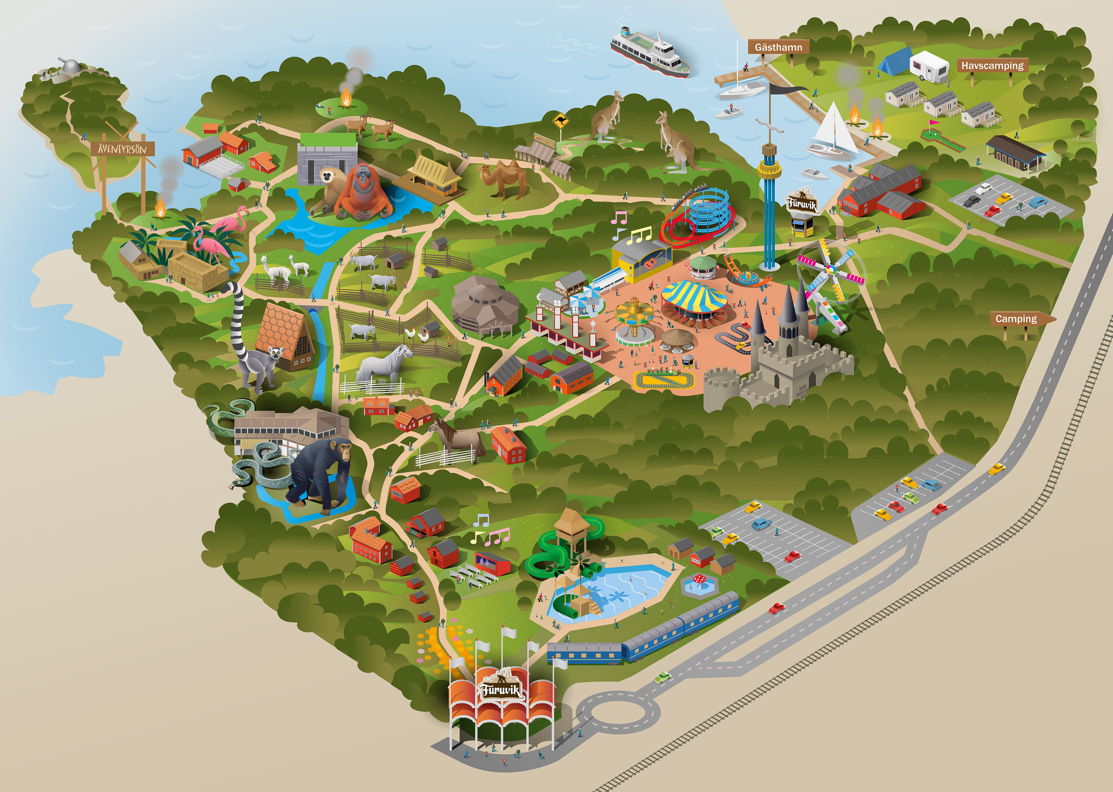 illustrated map for amusement park and zoo by Swedish illustrator Nils-Petter Ekwall 