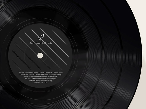 Side B vinyl label for Shemale’s SHEMALE – Supreme Beings, black and white cosmic horror-inspired design complementing the album’s Lovecraftian and Metropolis-inspired visuals.