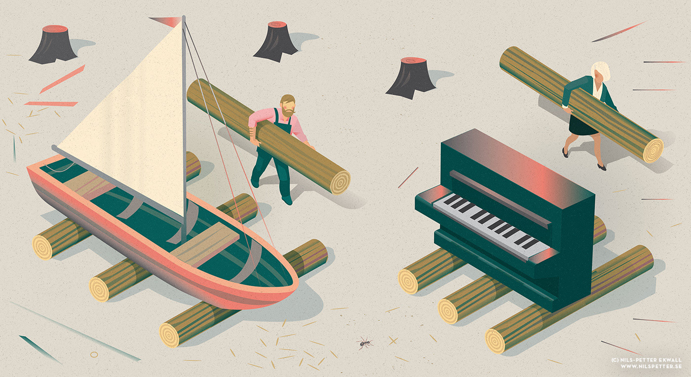 Editorial illustration of Two teachers moving separately – one rolling a boat and the other a piano – symbolizing lack of collaboration in schools.