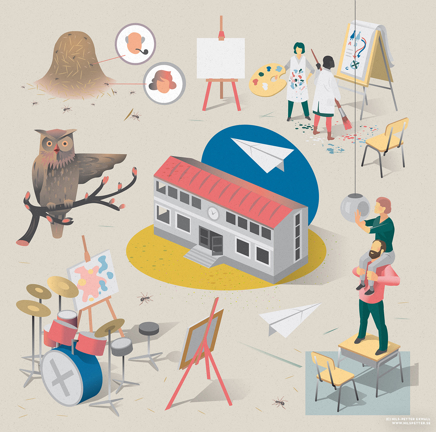 illustration of School building surrounded by small scenes illustrating creativity, teamwork, and community in school environments