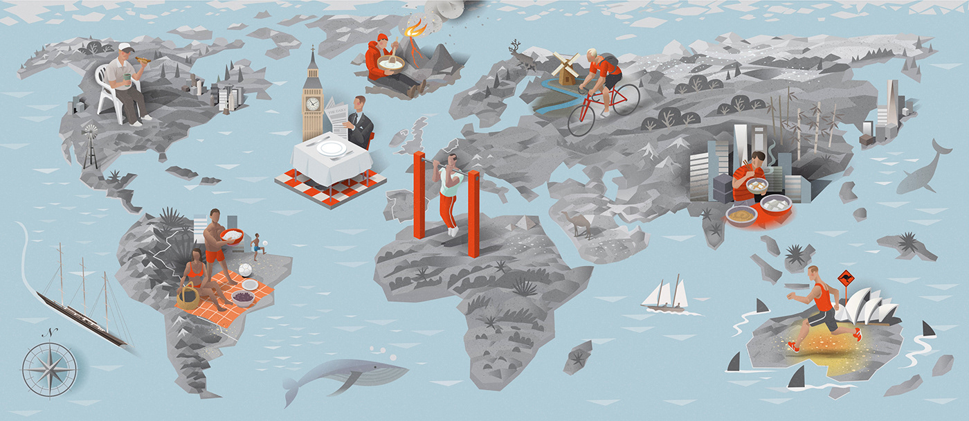 Illustrated world map for Men's Health Magazine by Swedish Illustrator Nils-Petter Ekwall