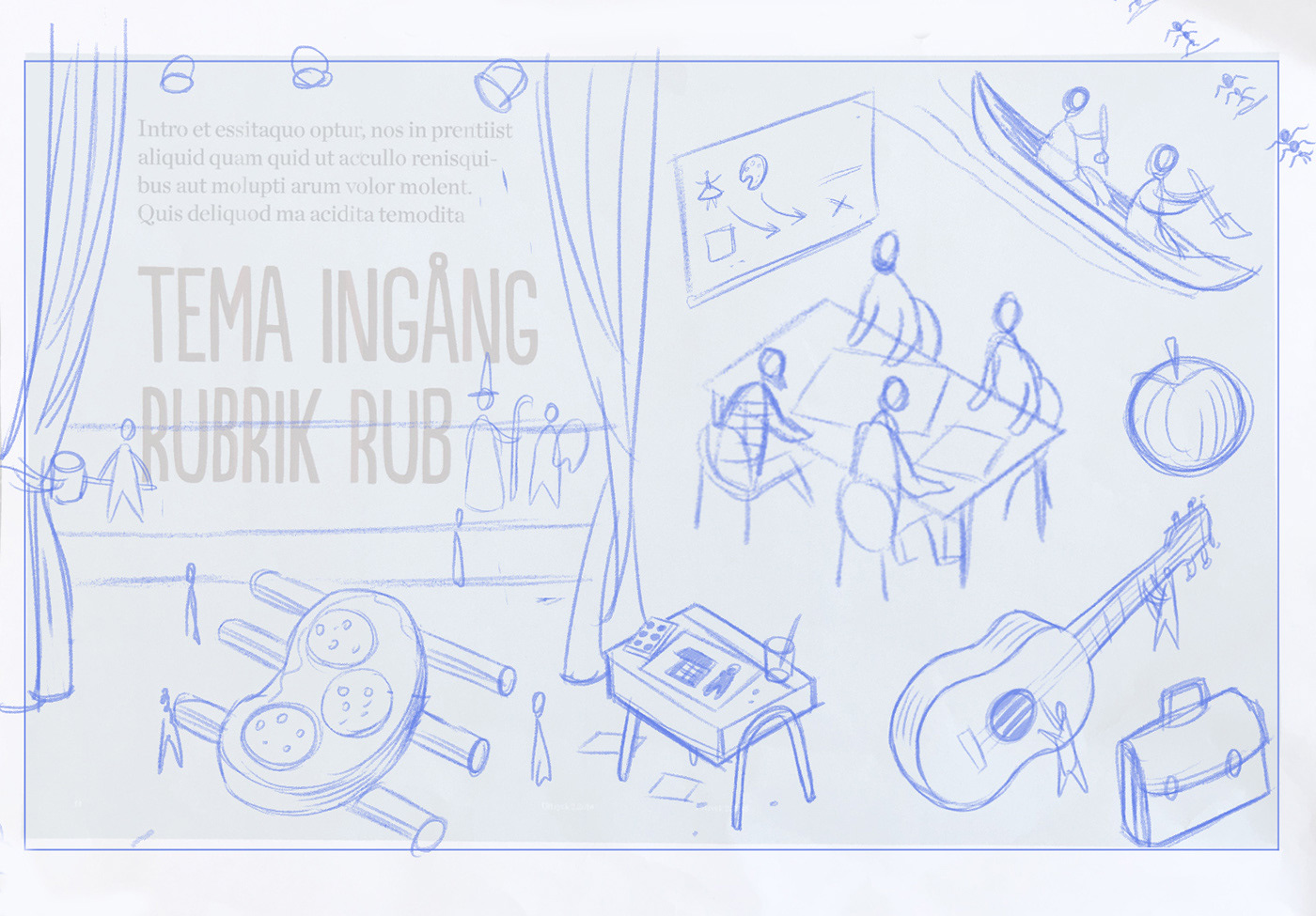 Nils-Petter Ekwalls Early sketch exploring narrative layout and character placement for editorial feature illustration.
