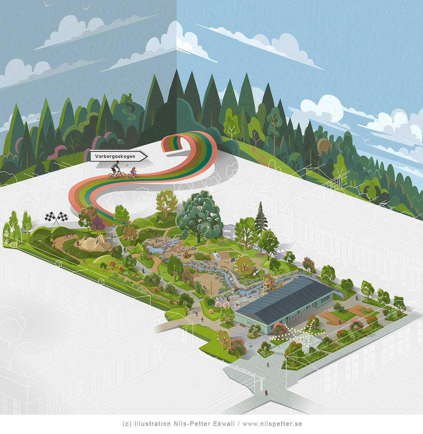 Close-up of landscape illustration showing play area and water features in redesigned Varberga Park, part of a commissioned visualization by Nils-Petter Ekwall.