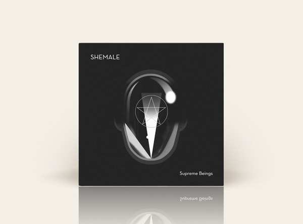 Futuristic robot-like creature on the front cover of Shemale’s SHEMALE – Supreme Beings 12” vinyl, dark Lovecraftian electro album artwork inspired by Fritz Lang’s Metropolis and cosmic horror themes.