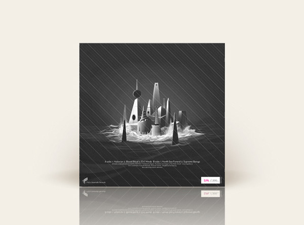 Black and white illustration of a sunken city rising from the water, combining Metropolis-style urban architecture with obscene extraterrestrial forms, evoking the Lovecraftian city of R’lyeh for Shemale’s SHEMALE – Supreme Beings vinyl back cover.. artwork by Nils-Petter Ekwall