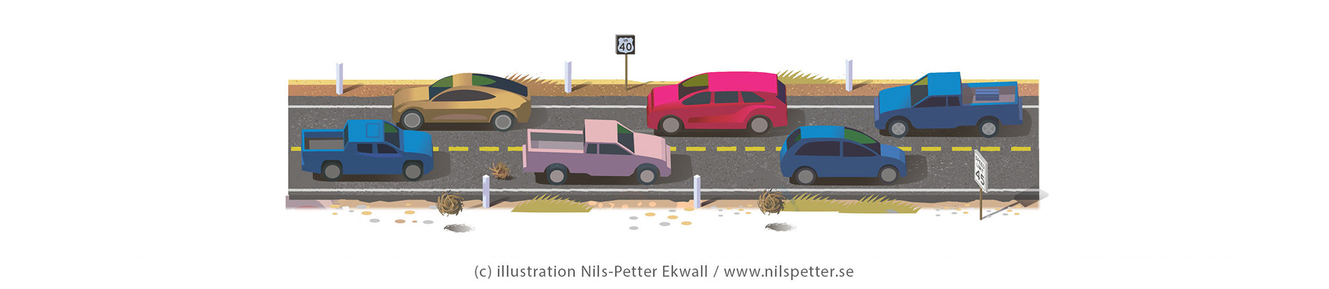 Top-down illustration of an American highway with cars, expertly crafted by Nils-Petter Ekwall for Trelleborg USA. The detailed, clean composition works perfectly as a standalone image for editorial, advertising, and branding purposes.