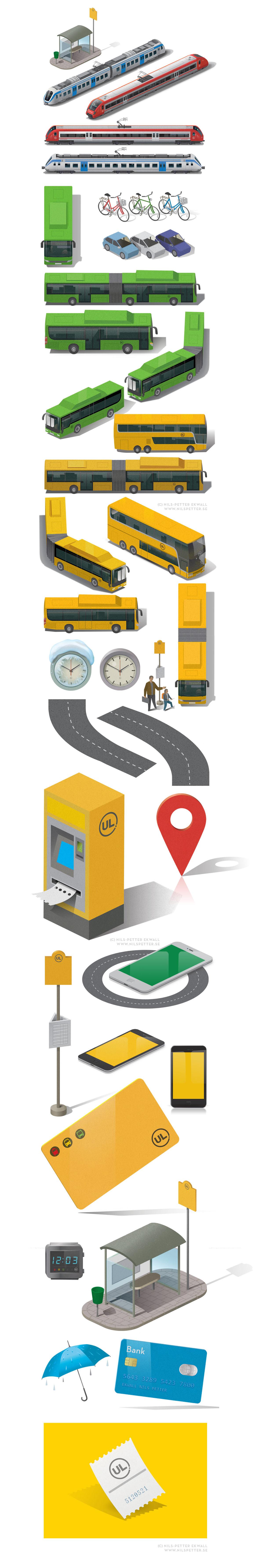 Illustrationer till UL föreställande bussar kollektivtrafik, tåg, ikoner av Nils-Petter Ekwall