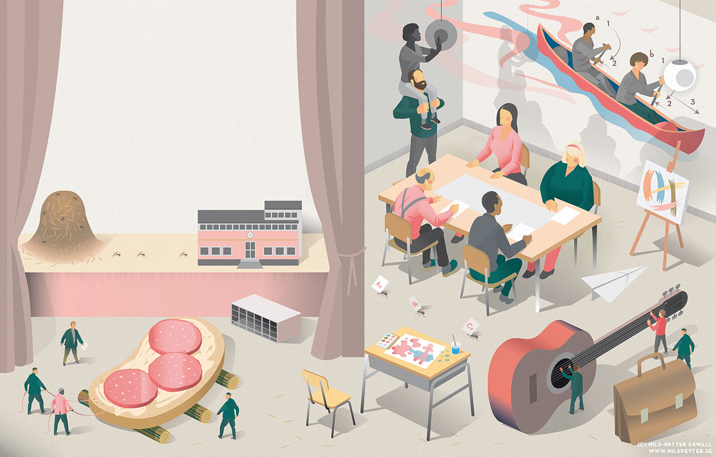 Surreal illustration with classroom scenes with teachers of different sizes collaborating in various imaginative ways. by Nils-Petter Ekwall