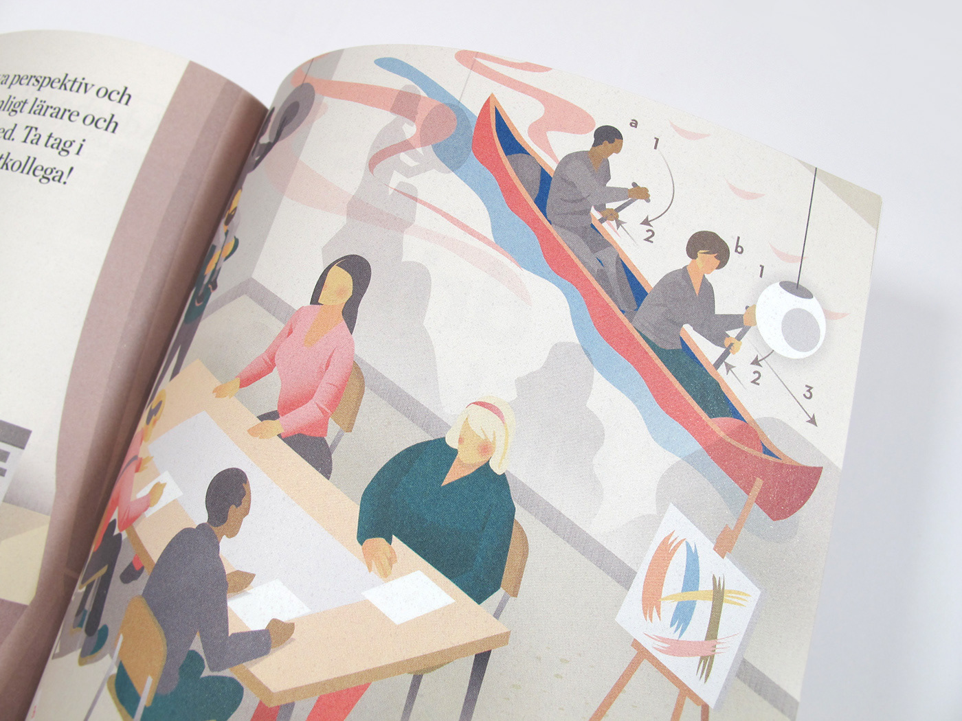 Zoomed-in photo of printed magazine spread showing imaginative classroom collaboration.