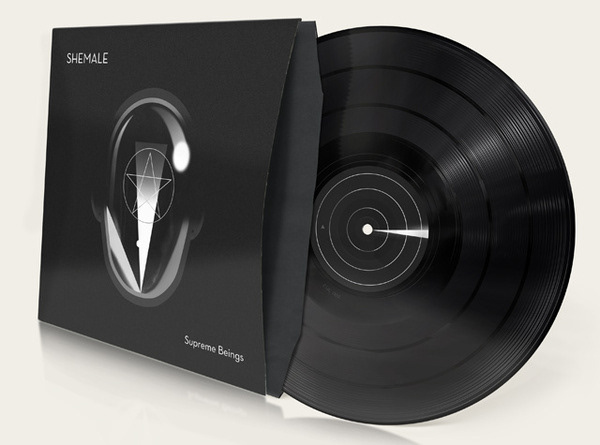 Vinyl sleeve for SHEMALE – Supreme Beings by Shemale, featuring complete artwork and design combining futuristic, Lovecraftian, and Metropolis-inspired imagery for collector-quality 12” vinyl release. by illustrator Nils-Petter Ekwall 