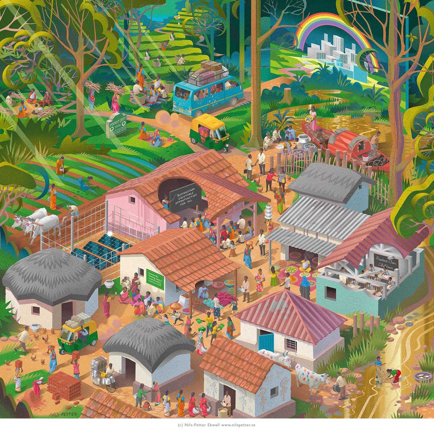 Indian village Cityscape illustration by Swedish illustrator / illustratör Nils-Petter Ekwall 