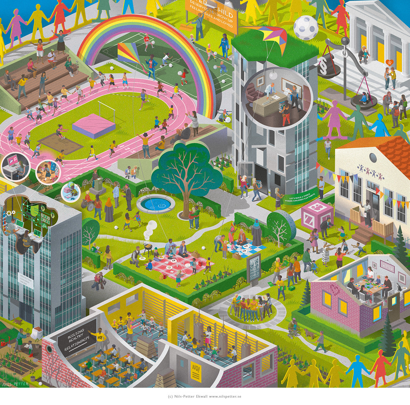 Urban landscape illustration on child protection by Nils-Petter Ekwall – storytelling cityscape for international development.
