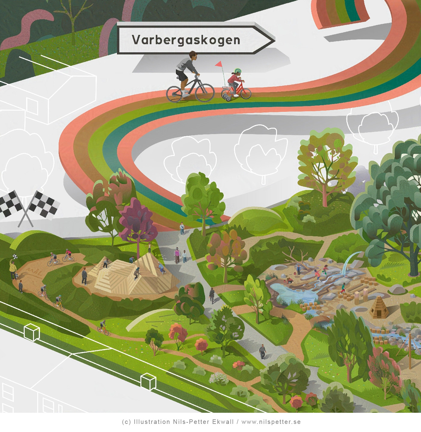Zoomed-in landscape illustration of Varberga Park showing water play, climbing equipment, bike racing track, and bicycle path to adjacent forest, by Swedish illustrator Nils-Petter Ekwall.