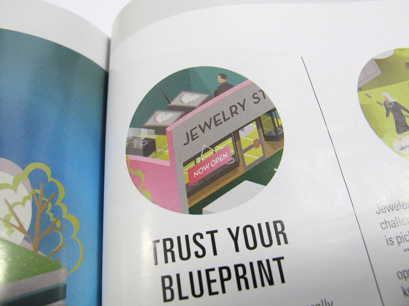 Close-up of JCK Magazine layout using smart insets and cutouts of Nils-Petter Ekwall’s illustration, enhancing visual storytelling within the article design.
