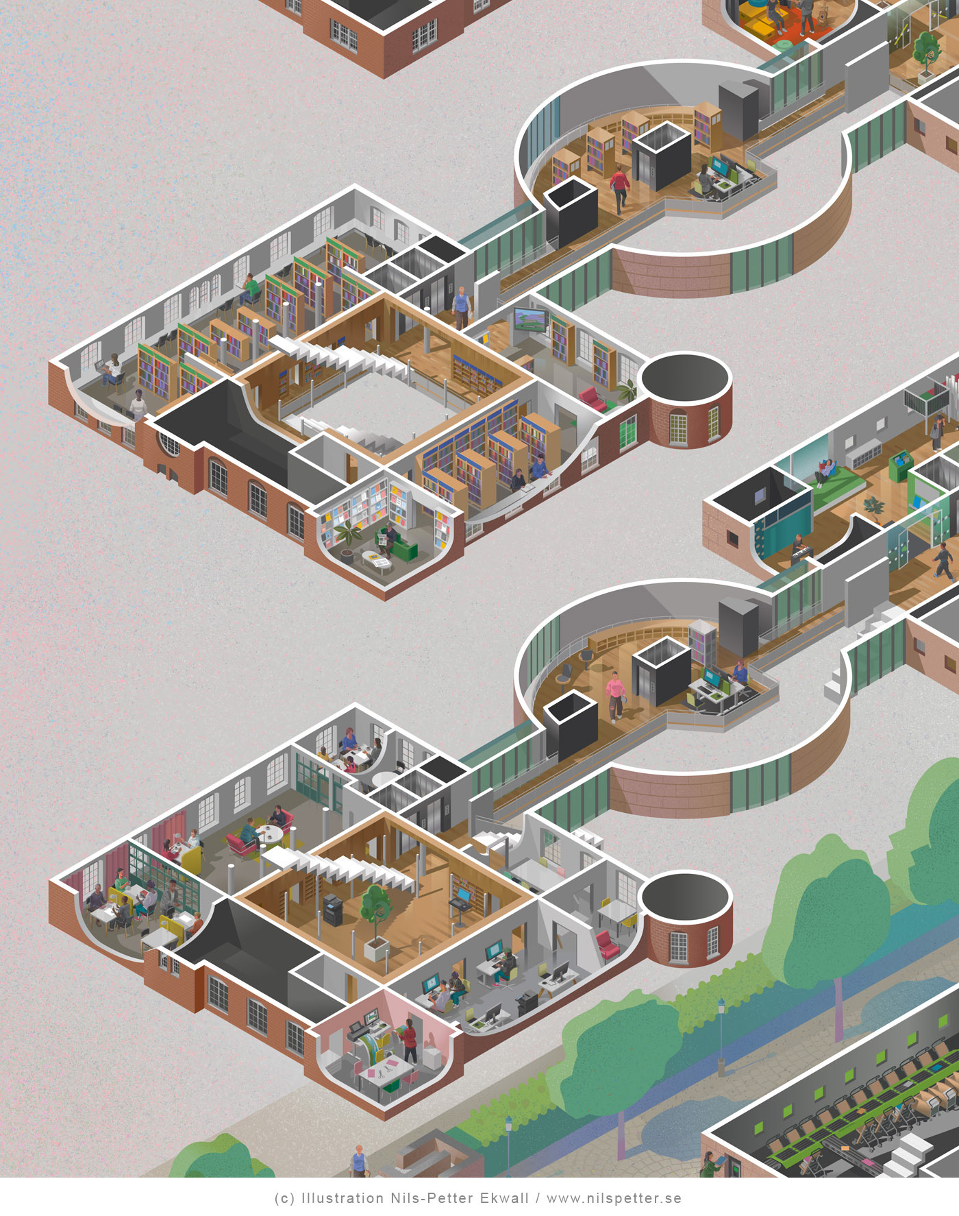 Floor plan illustration over library school company building by illustrator Nils-Petter Ekwall