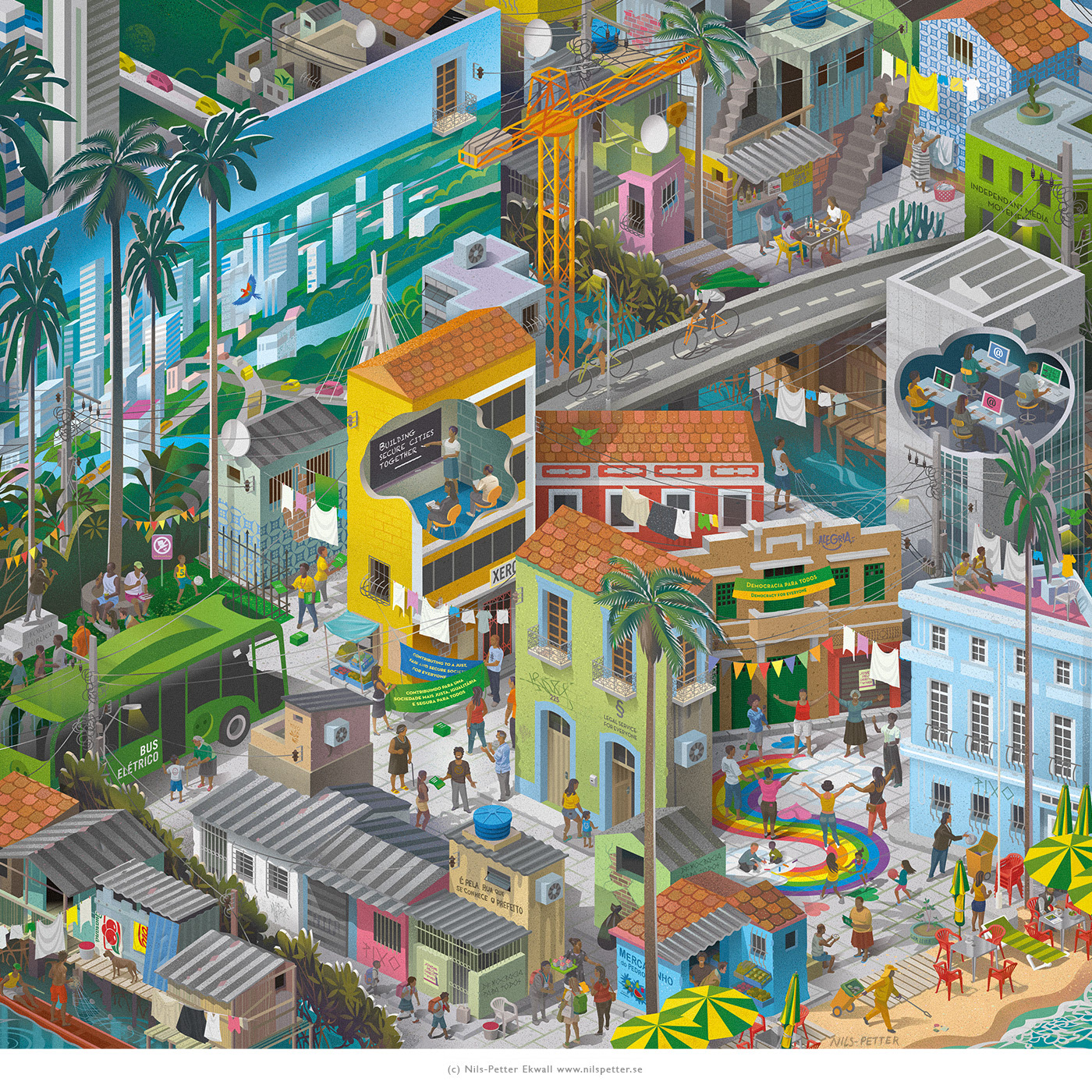 Recife-inspired Brazilian cityscape illustration by Nils-Petter Ekwall – detailed visual storytelling for NGO communication.
