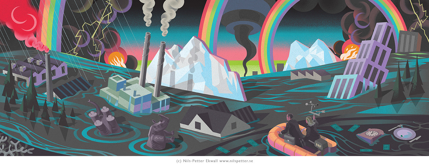 Illustration föreställande miljöförstöring av Stockholms - baserade illustratören Nils-Petter Ekwall