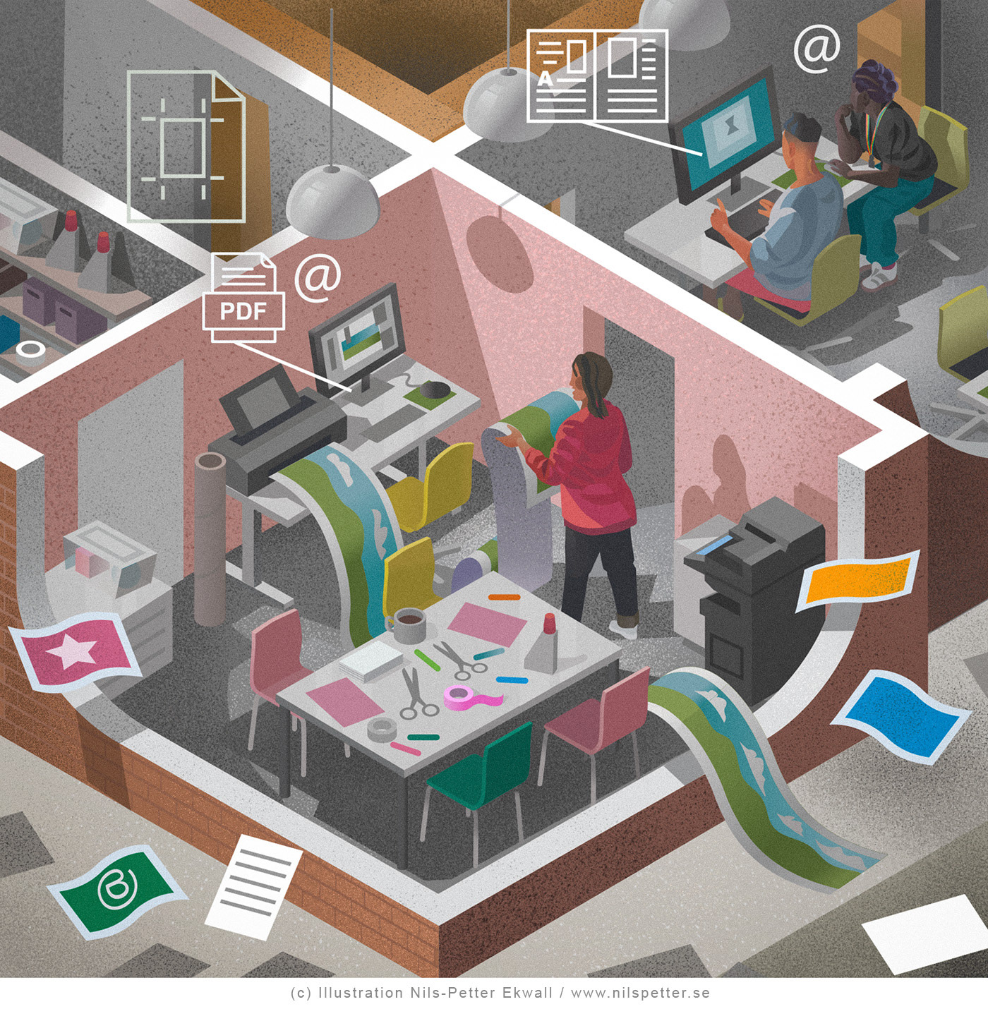 Detailed floor-plan illustration of a workplace and school and library by Nils-Petter Ekwall  