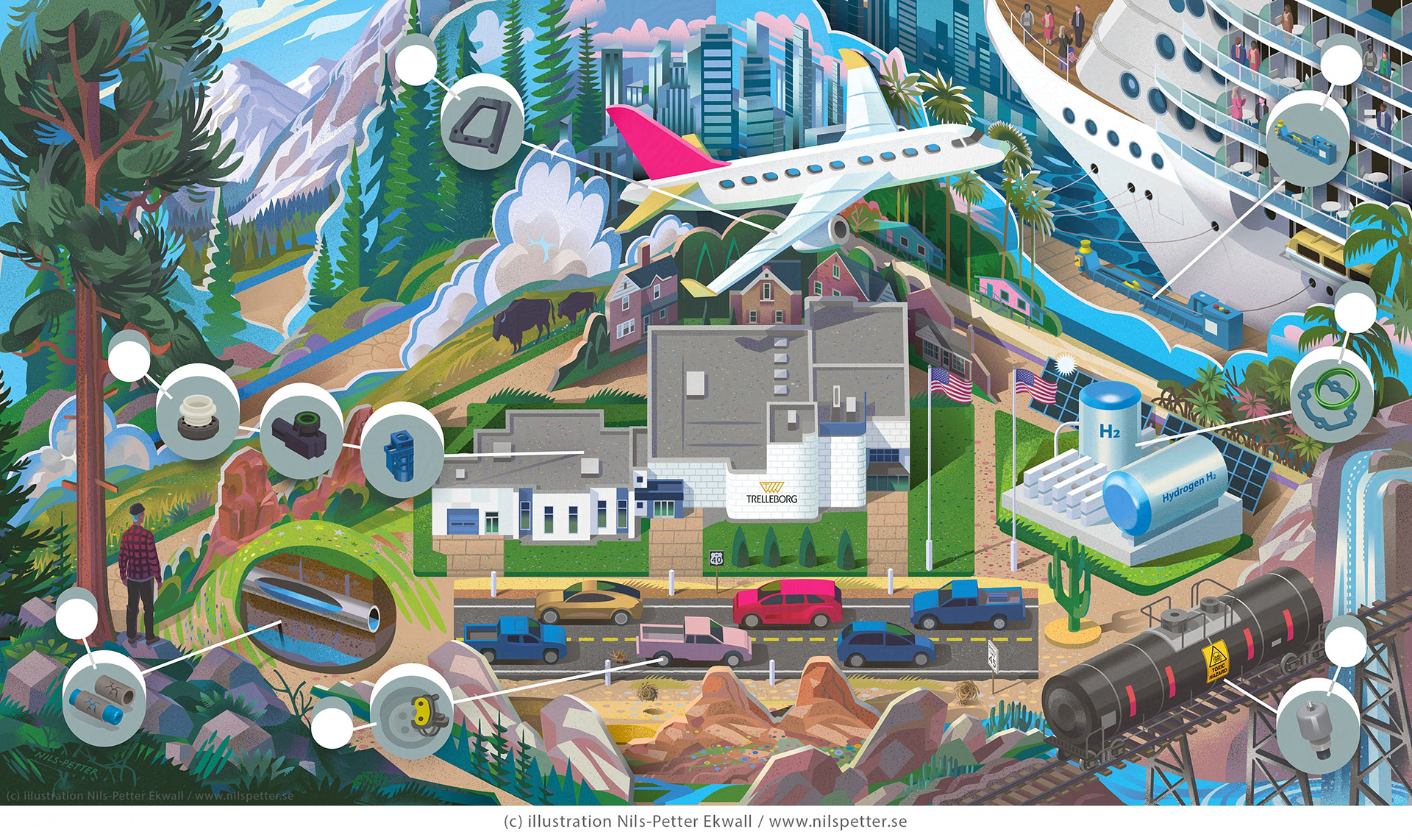 Large-scale illustration for Trelleborg's global brand publication. Featuring US locations, products, and immersive visual storytelling.