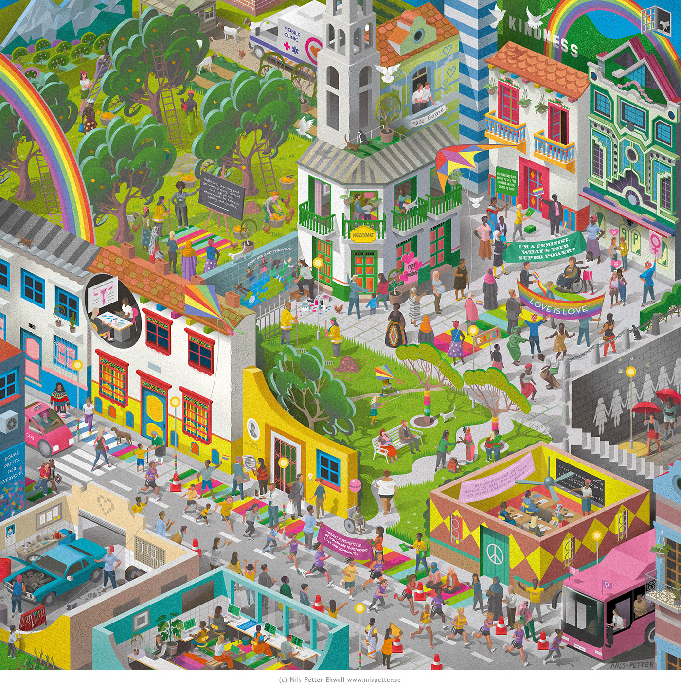 Feminist Cityscape illustration by Swedish illustrator / illustratör Nils-Petter Ekwall 
