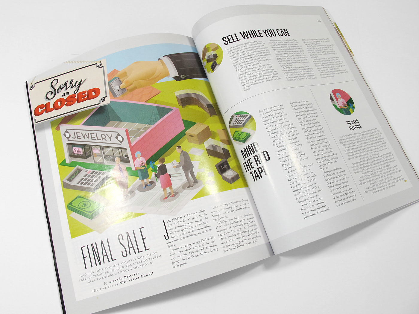 Printed magazine spread featuring editorial illustrations by Nils-Petter Ekwall for JCK Magazine, showing how the artwork was integrated into the layout.