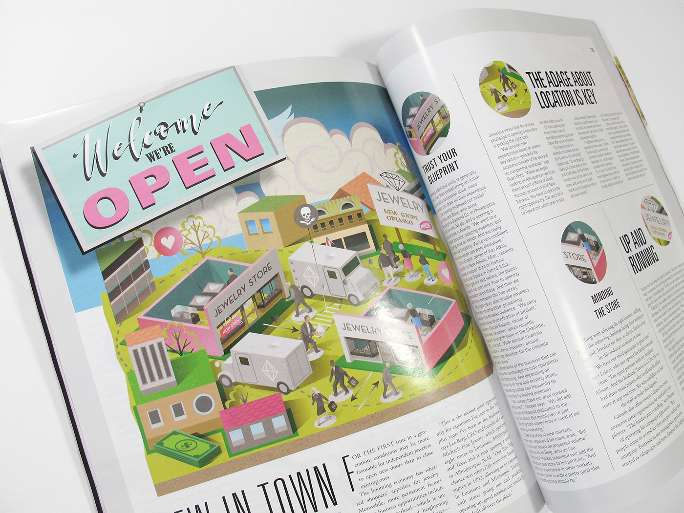 Printed magazine spread featuring editorial illustrations by Nils-Petter Ekwall for JCK Magazine, showing how the artwork was integrated into the layout.