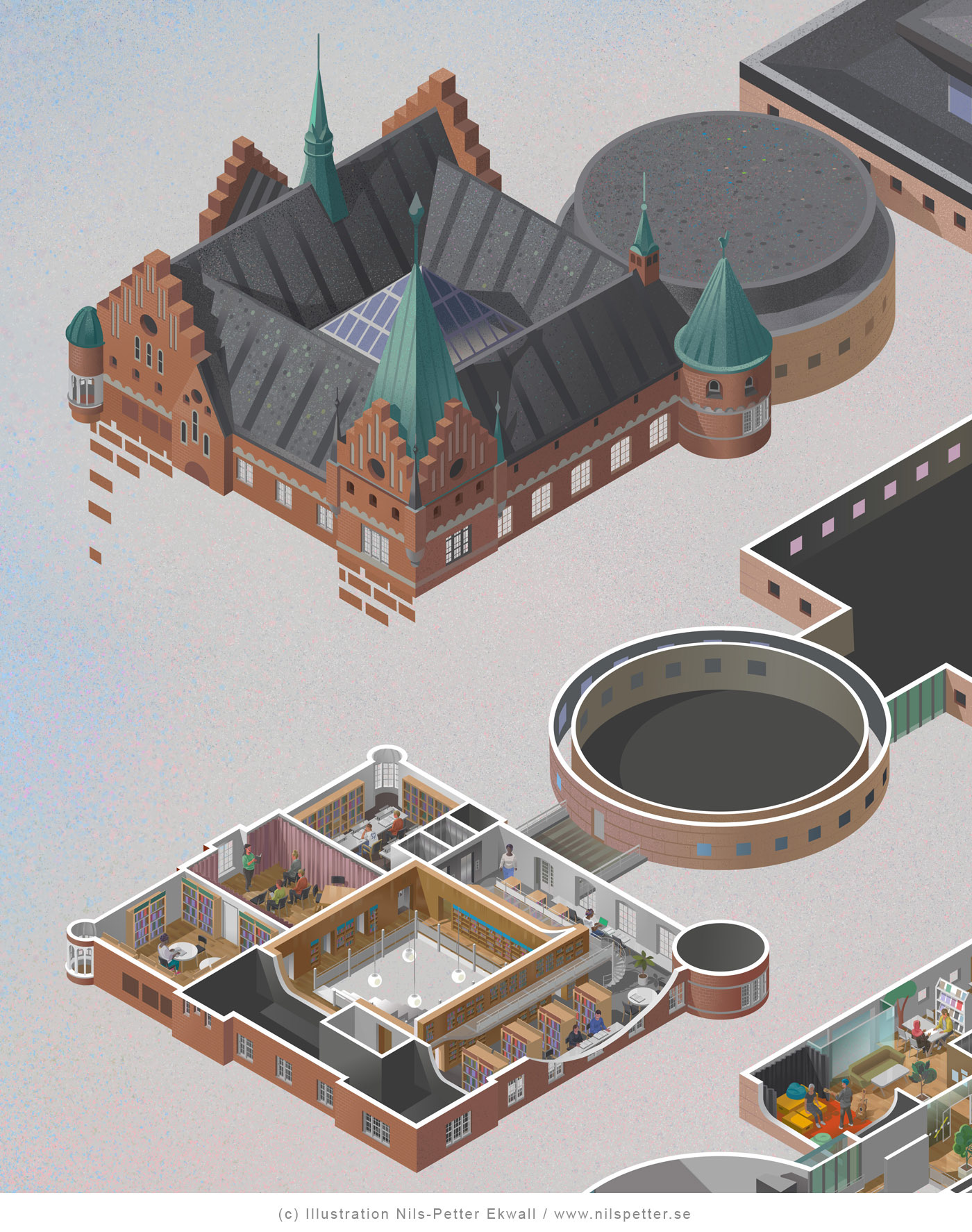 arkitekt-illustration föreställande Malmö stadsbibliotek av illustratören Nils-Petter Ekwall 