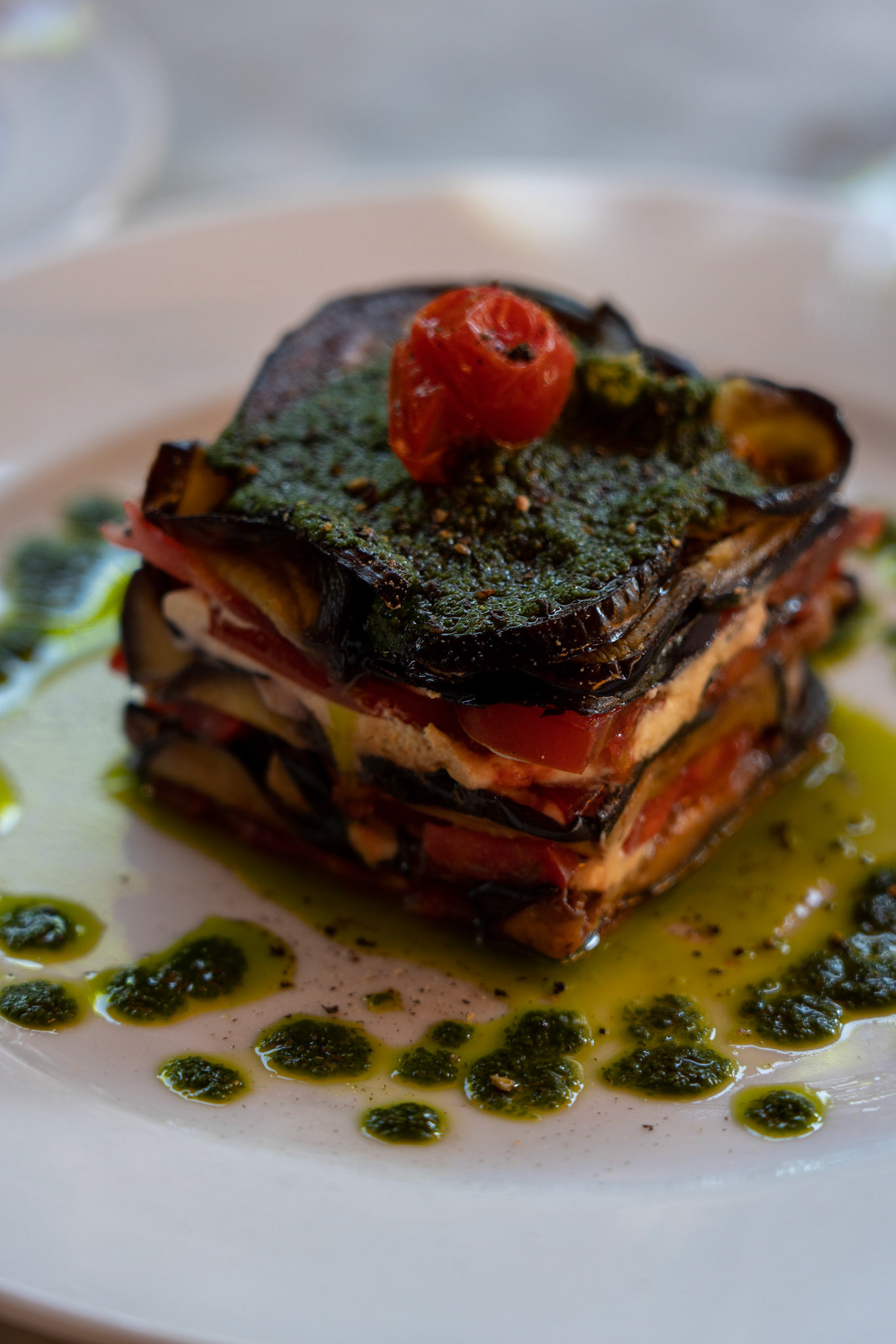 Aubergine with goats cheese and pesto sauce at the Grand Café de la Poste, Marrakech,Morocco.