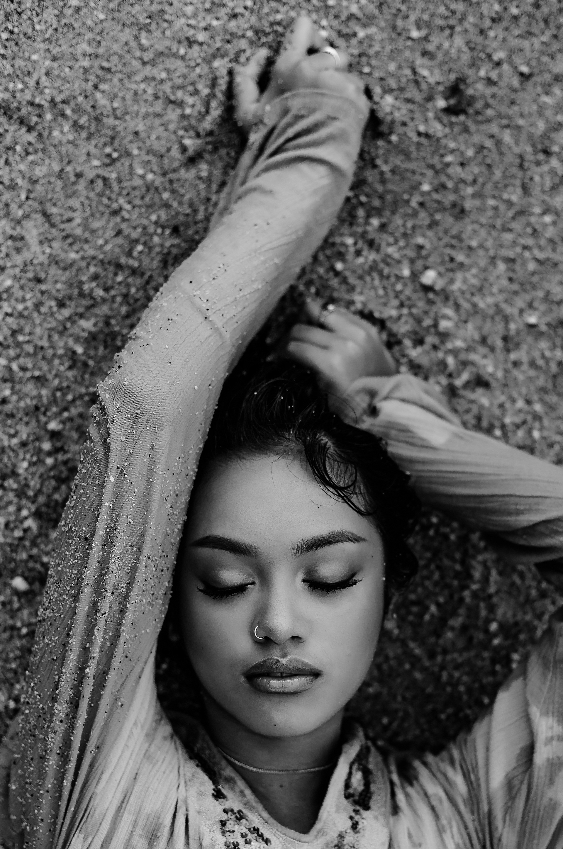 black and white close up portrait on the beach