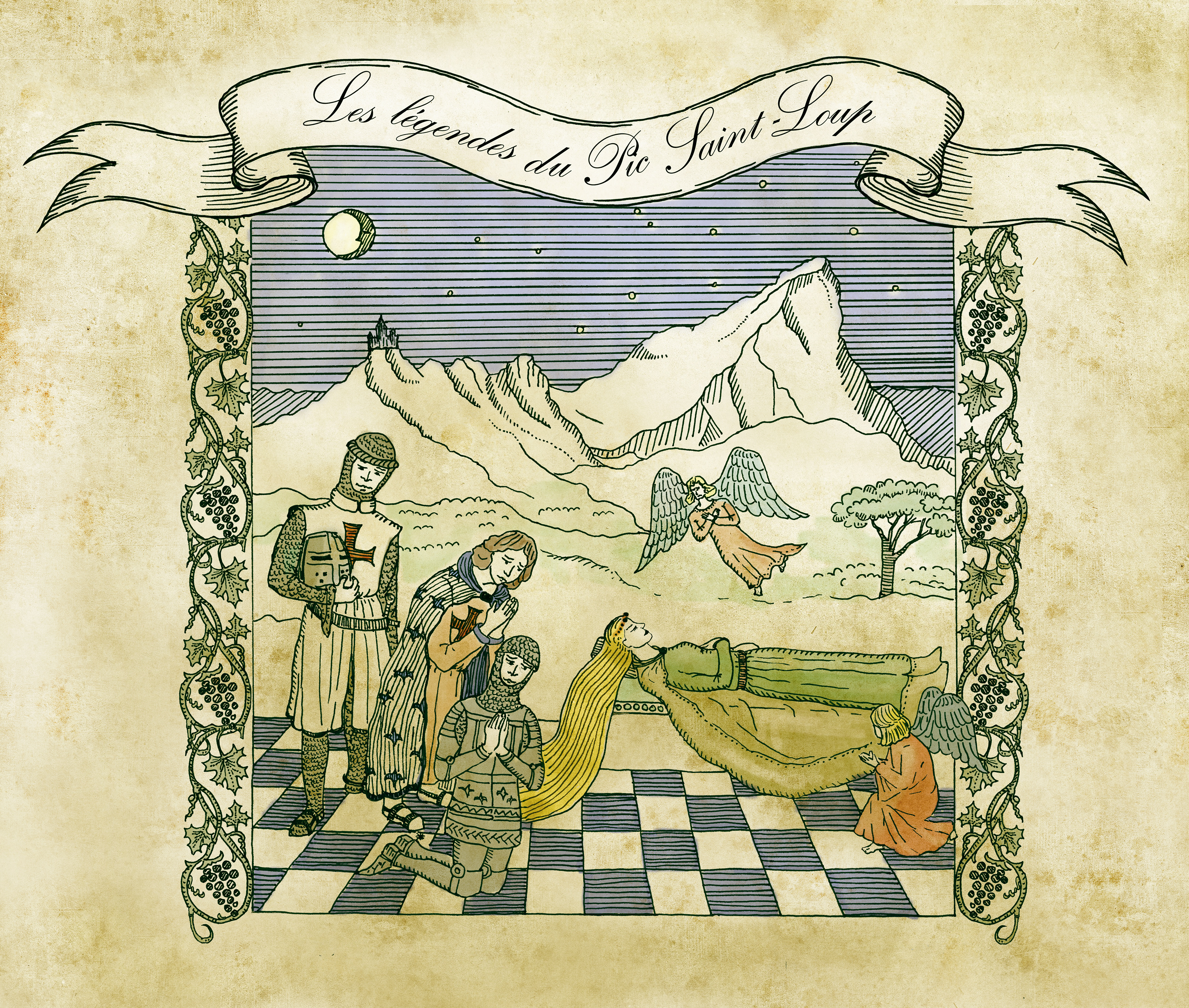 “Les légendes du Pic Saint-Loup” illustrates a legends associated with Pic Saint-Loup, a mountain located in the Languedoc-Roussillon region in Southern France. A commisioned artwork. Media: Ink on paper, Adobe Photoshop