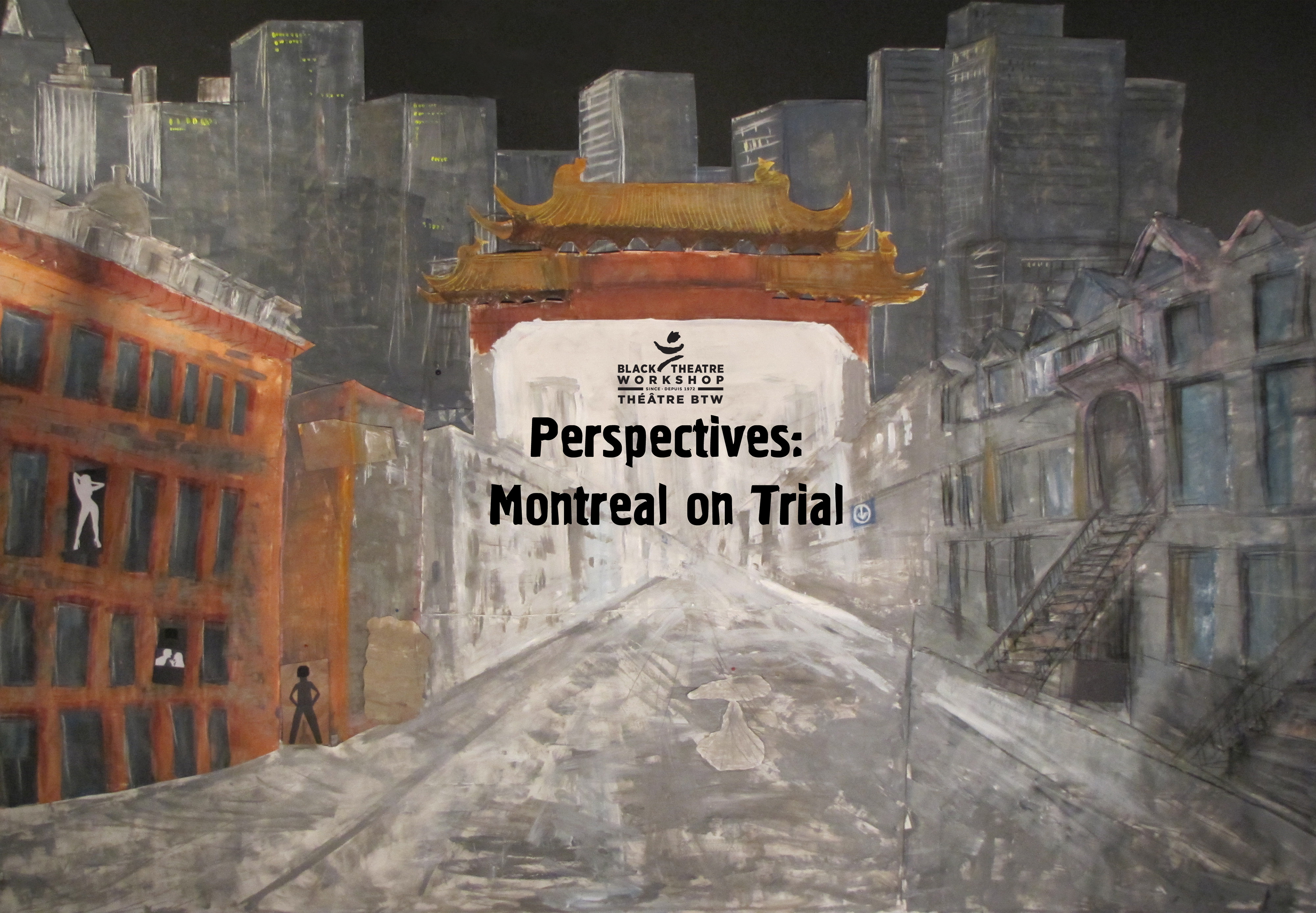 I did the set and costume design for a show I worked on called Perspectives: Montreal on Trial as part of the mentorship program at Black Theatre Workshop. The production design was a standout feature of the show. This is an info brochure cover I created based on the production design visual. Media: mixed media on paper, collage, Adobe Photoshop.