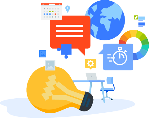 flat design with lightbulb, desk, speech bubble representing aspects of marketing