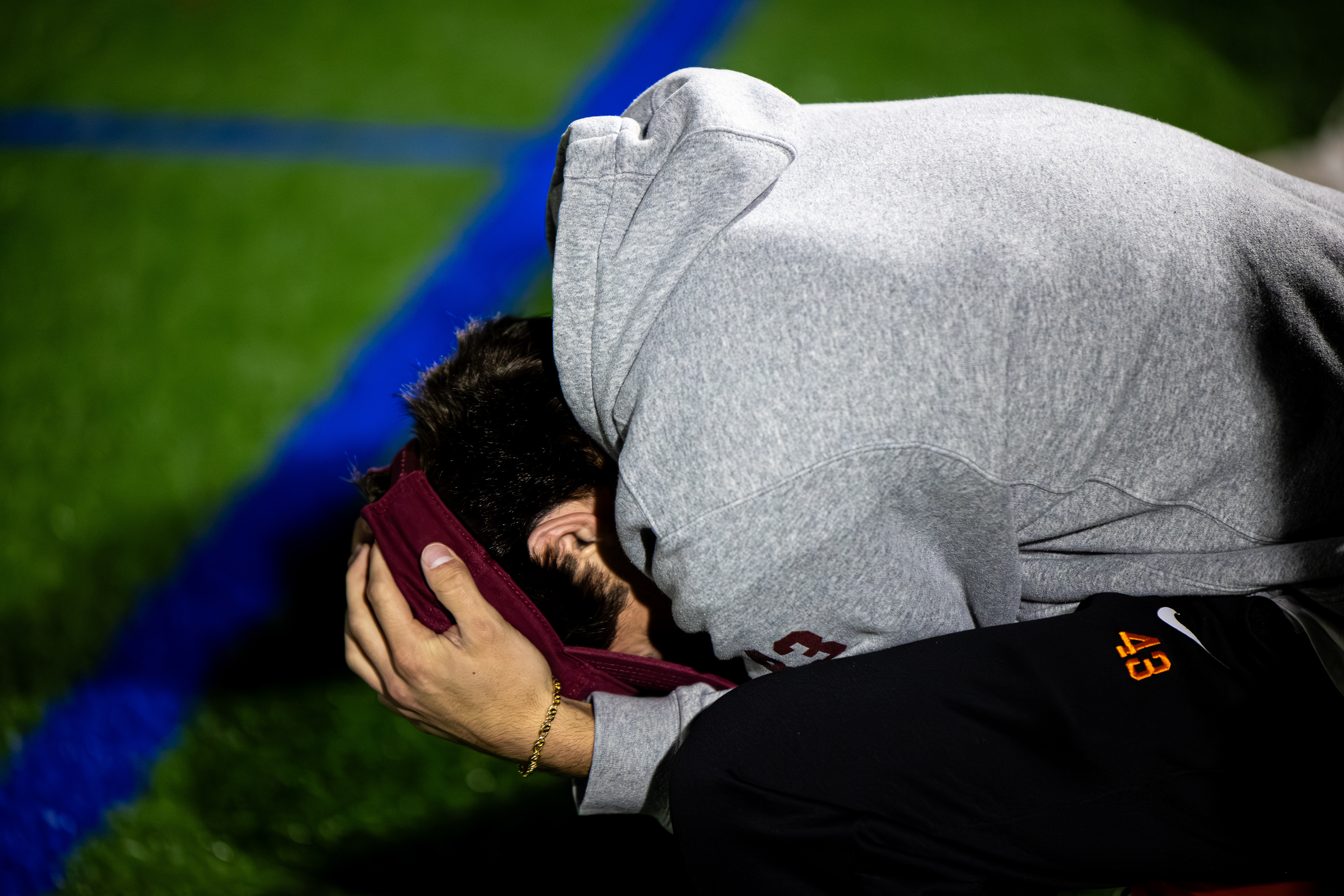 Corey Gaffney (43) hides his face after Christopher Valente fails to score on Oct. 29, 2024. (Thomas Bray/JMC 4114)