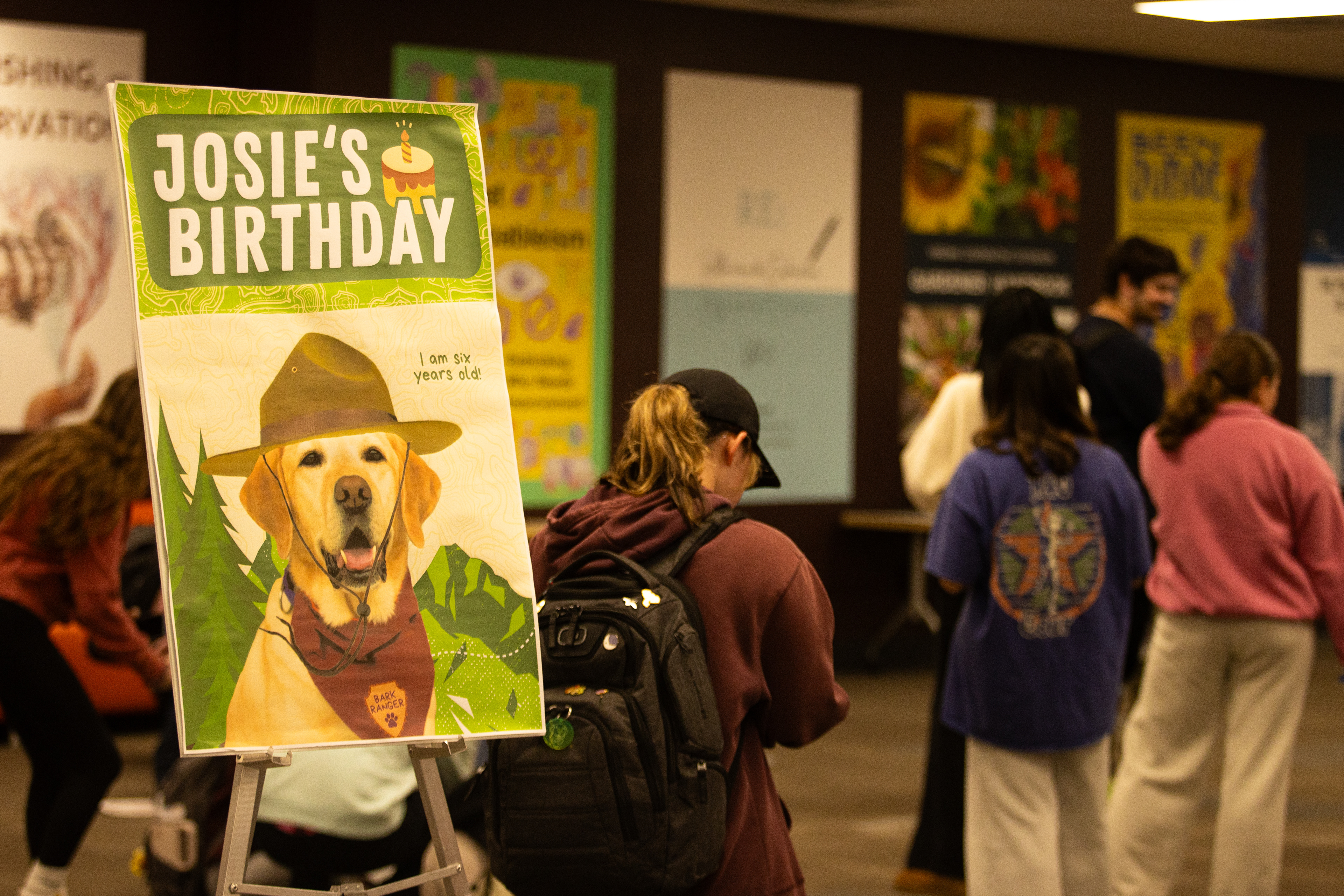 Students gather in Newman Library as Josie arrives to celebrate her birthday on Nov. 15, 2024