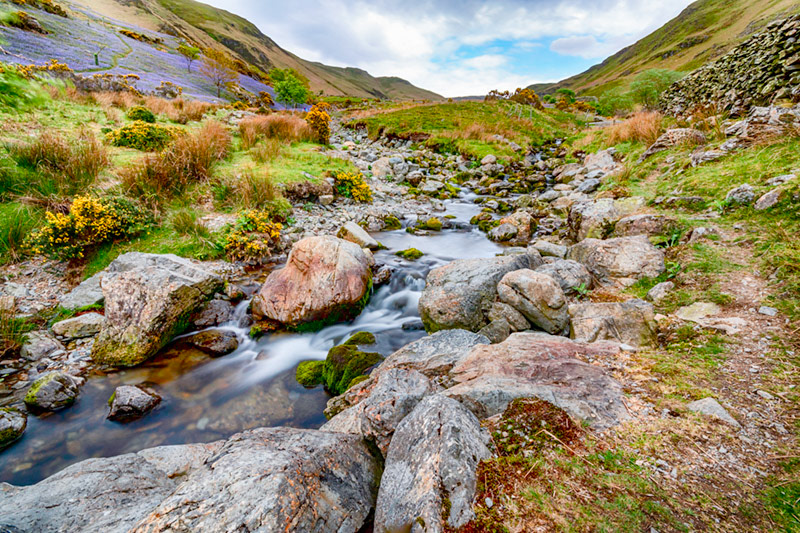 Rannerdale, a side valley running into Crummock Water in the English Lake District, offers up a spectacular bluebell display in May each year. This picture shows the confluence of Rannerdale Beck, left, with Squat Beck and the edge of the bluebells in the top right.