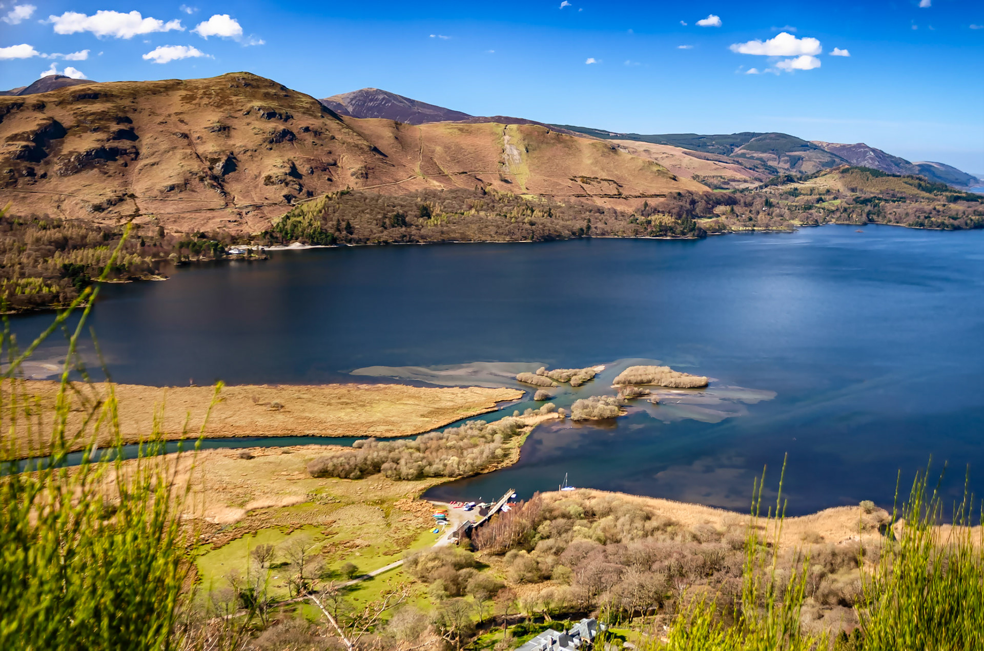 A clear sunny day over Derwent Water with Catbells behind. in the English Lake District