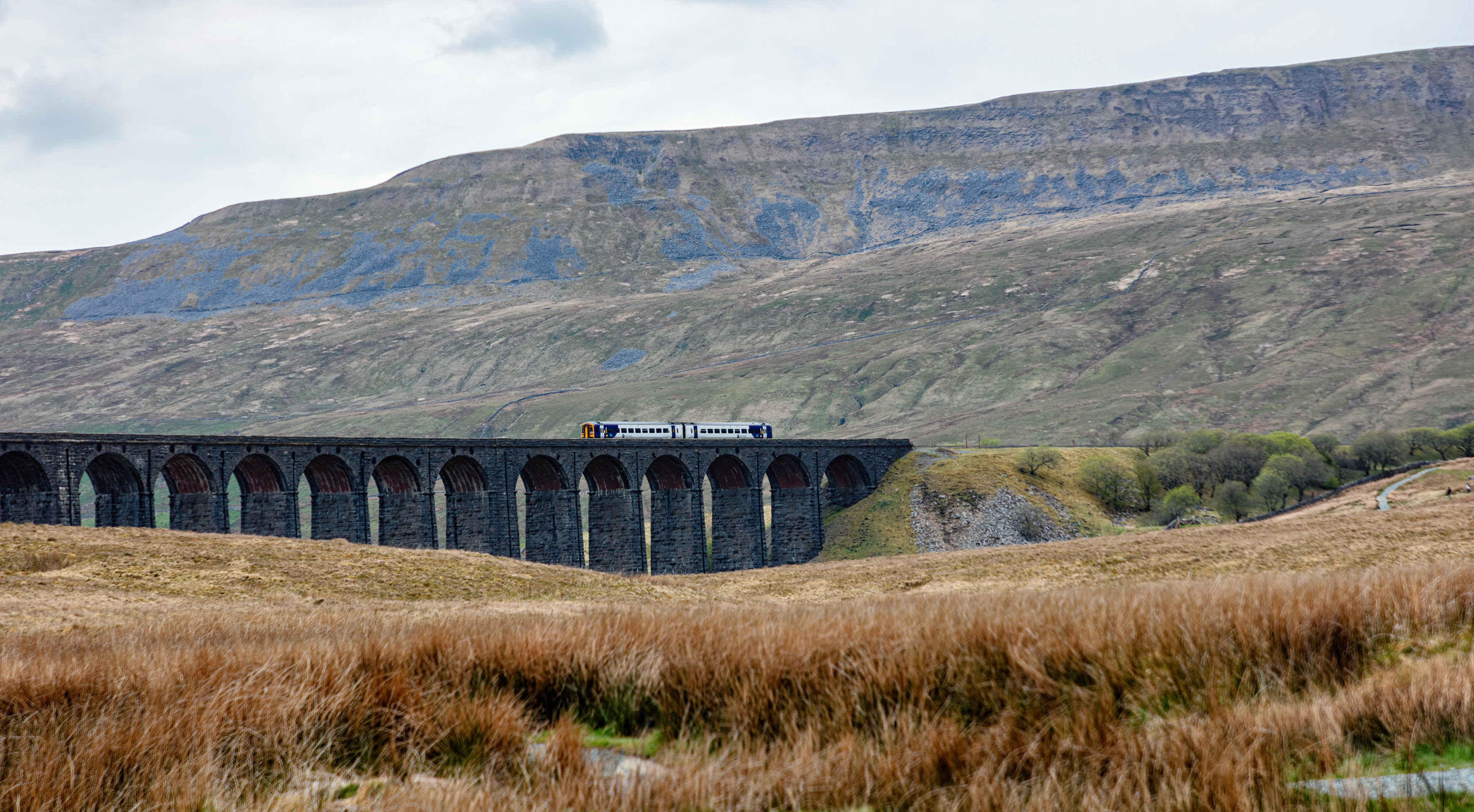 Northern Leeds to Carlisle service heads over Ribblehead viaduct with Whernside as a backdrop